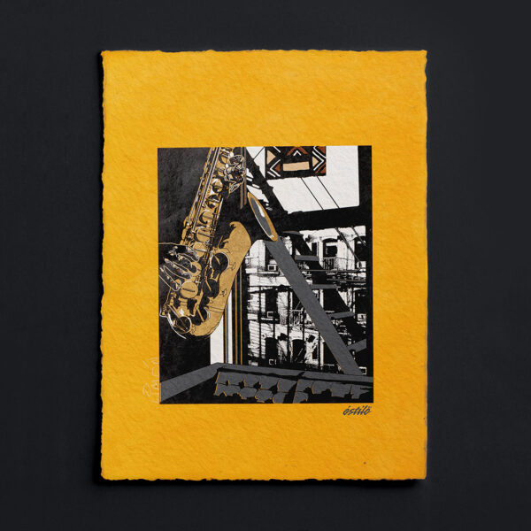 Inner City Saxophone Art Print on Paper, Gold