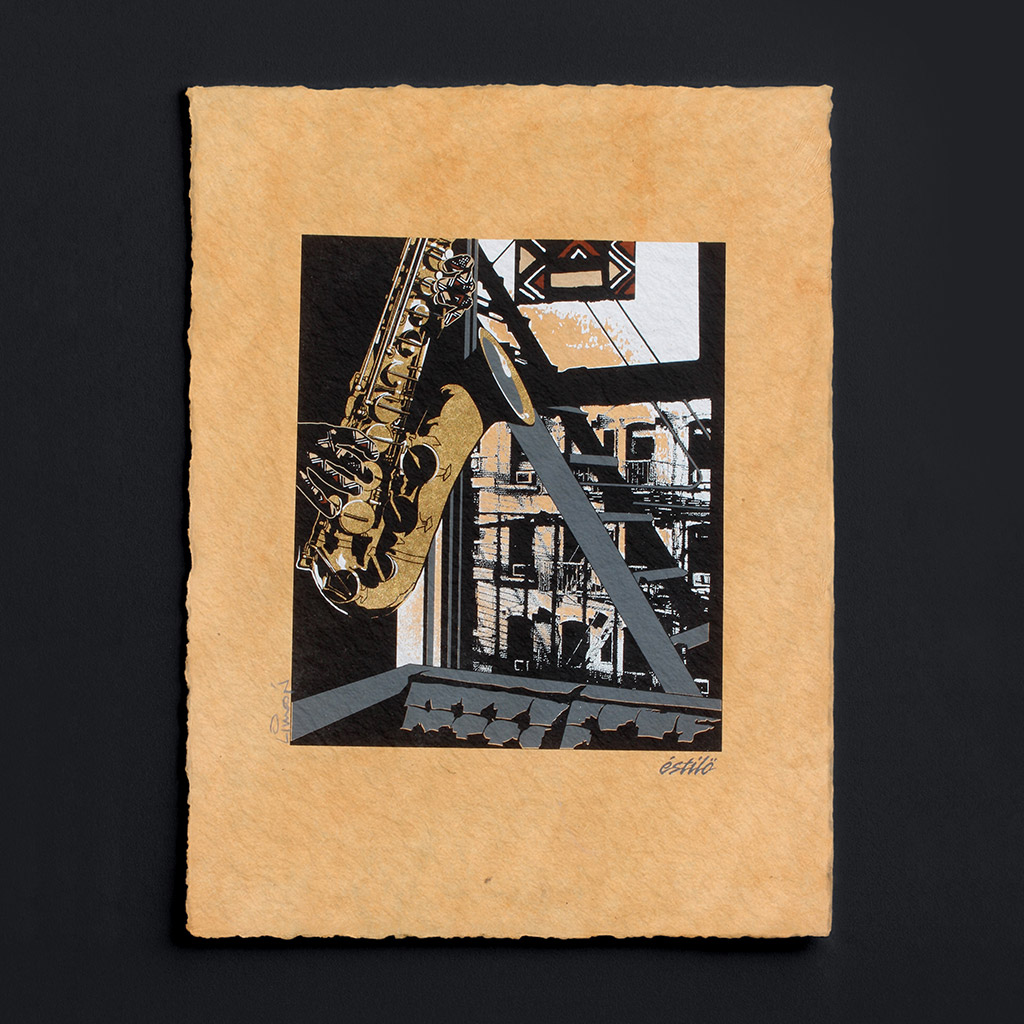 Inner City Saxophone Art Print on Paper, Gold - Image 3