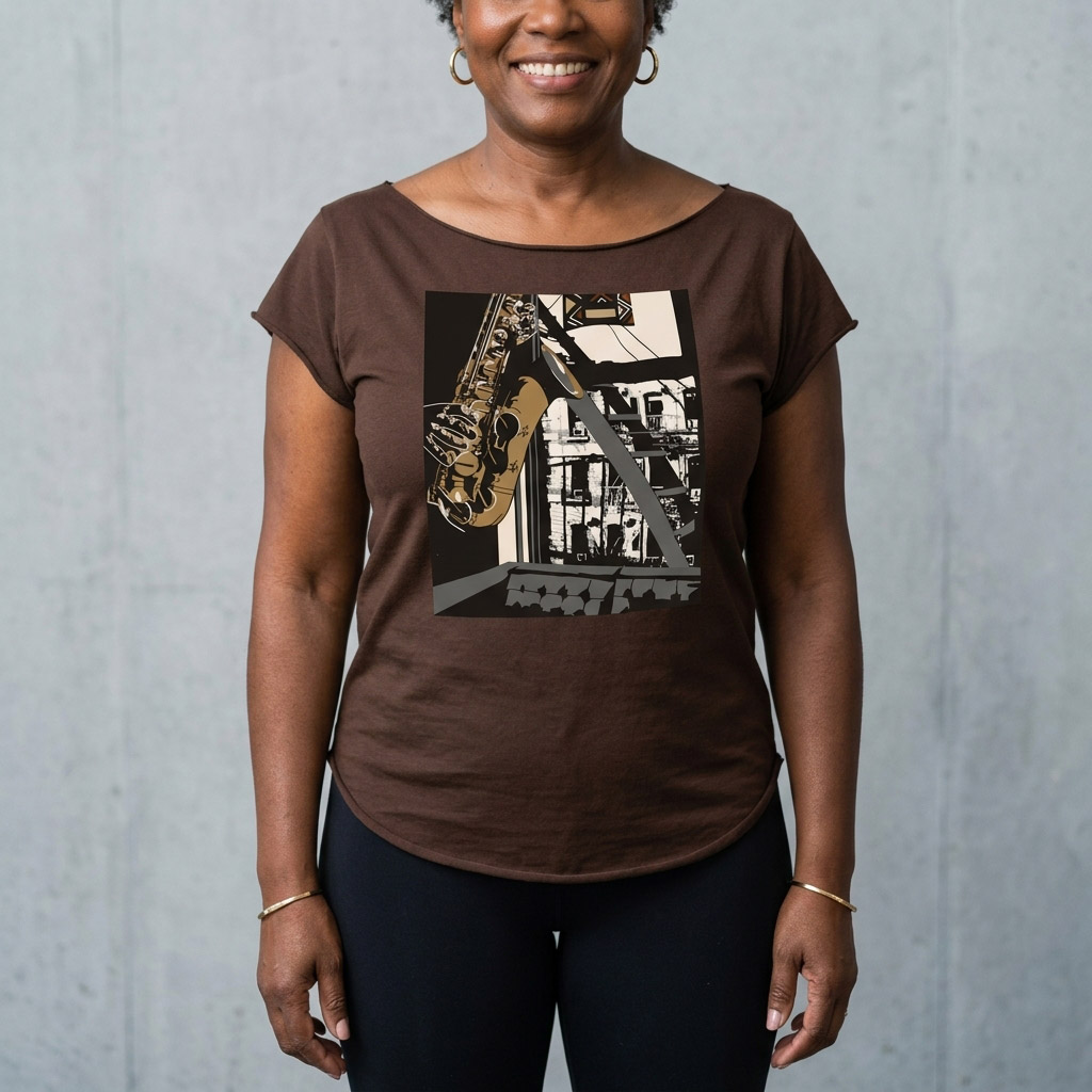 Inner City Saxophone Cut Boat Neck T-shirt, Antique Gold - Image 5