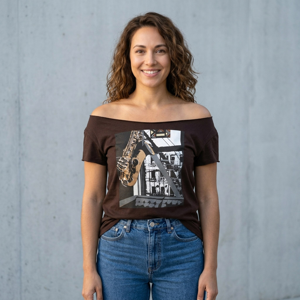 Inner City Saxophone Cut Boat Neck T-shirt, Antique Gold - Image 4